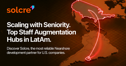 A 3D isometric map of the Americas illustrating why Uruguay is the best staff augmentation country in Latin America for U.S. companies. A glowing red line connects the United States to Uruguay, highlighting Solcre's nearshore model. The graphic features t