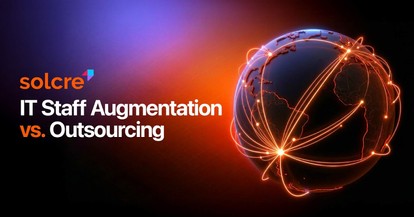 Illustrative image about the IT Staff Augmentation vs. Outsourcing debate. It shows a dark 3D globe illuminated by a global network of orange lines and glowing nodes, representing worldwide talent connection. On the left, the Solcre logo stands out next t